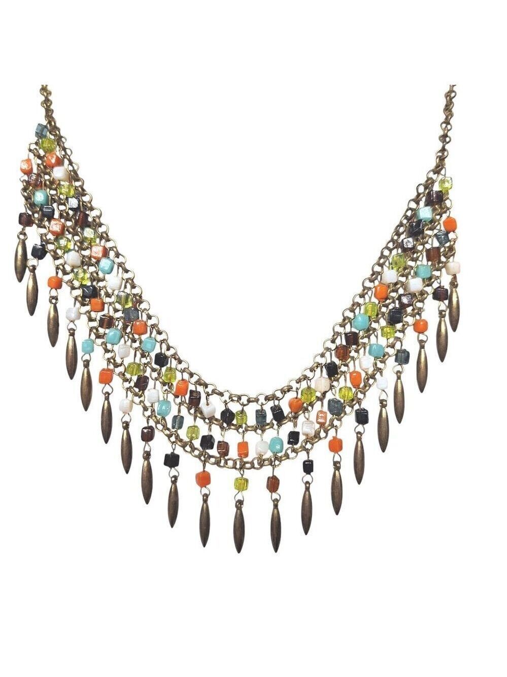 Vintage Bronze Beaded Boho Multi Strand Bib Necklace